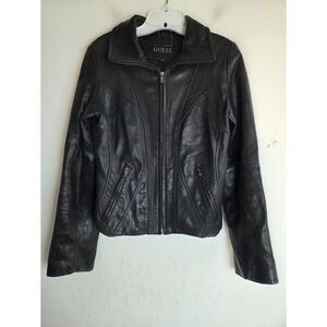 Guess Women Geniune 100% Leather Full Zip Lined Moto Pockets Jacket size Medium